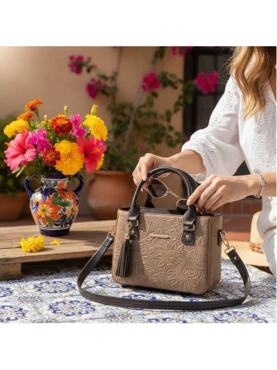 Unbranded Handbags - Milk Chocolate Brown Tasseled Sunflower Embossed Tooled Artisan LEATHER Purse
